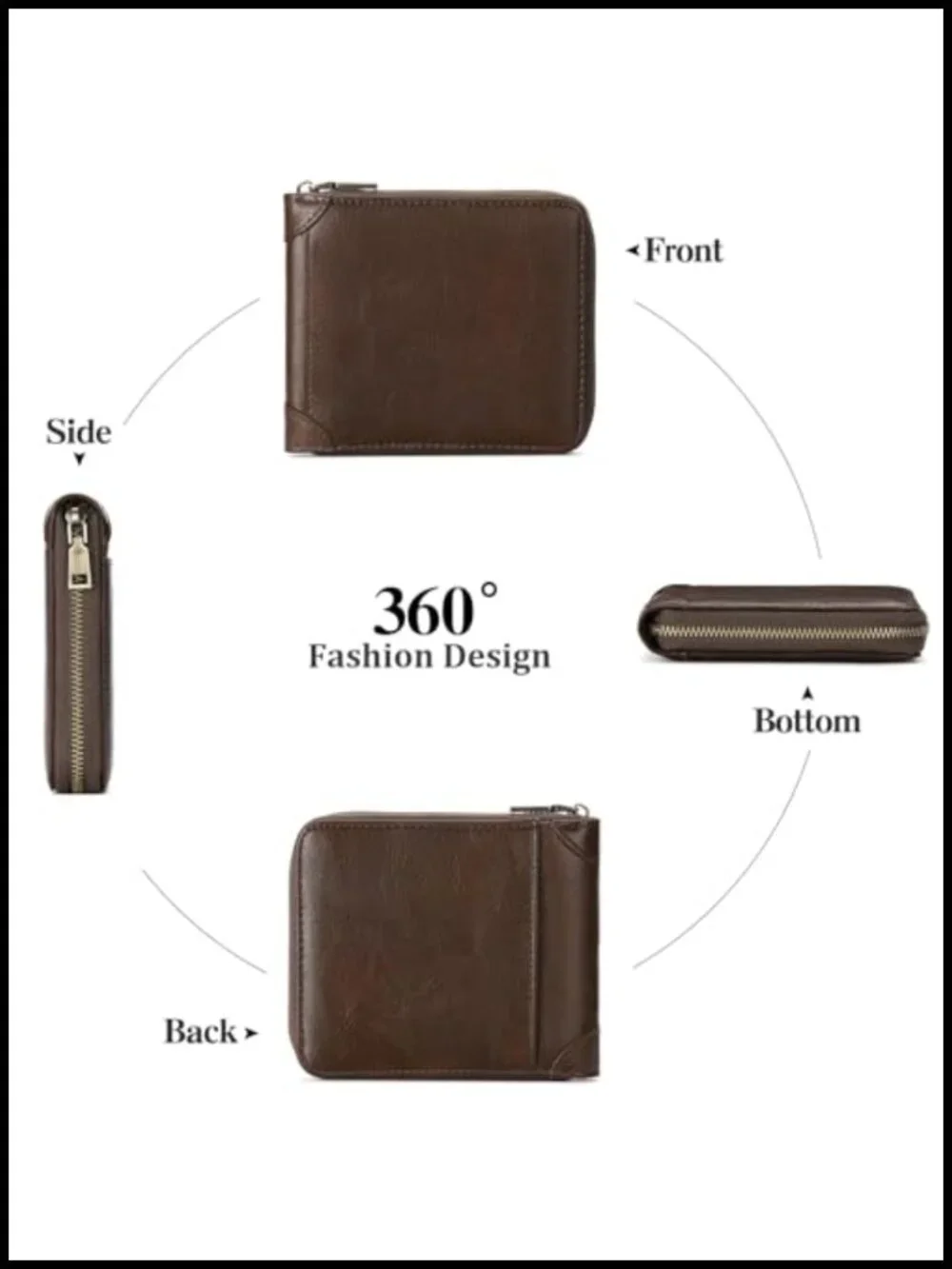 Vegan Leather RFID Blocking Zipper Bifold Wallet with ID Window Large Capacity
